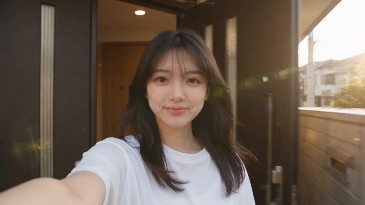 라이브 액션 포토리얼리즘으로 촬영된 시네마틱 액션 브이로그. 한 젊은 일본 여성(이미지 = 그녀의 얼굴과 머리)이 평화로운 아침에 집을 나서며